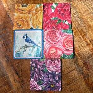 Floral Cardinal Set Of 5 Double Sided Cardboard Coasters Vibrant Colorful